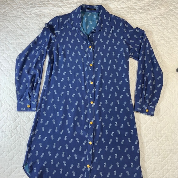 Lauren Gold Women’s Shirt Dress Size M Blue Pineapple Print 100% Silk (F28) - Picture 1 of 6